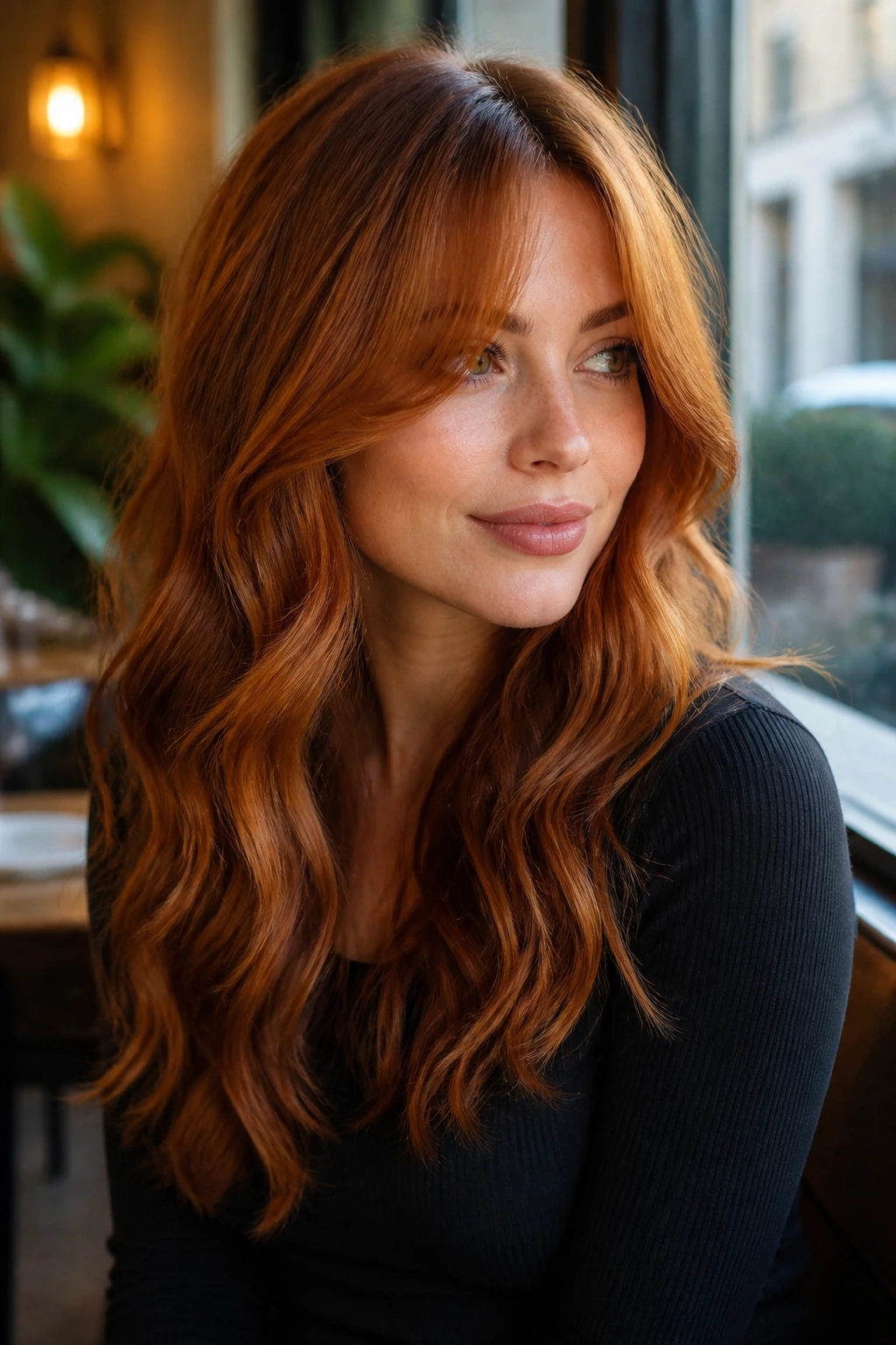 Close-up portrait of a woman with copper waves and curtain bangs