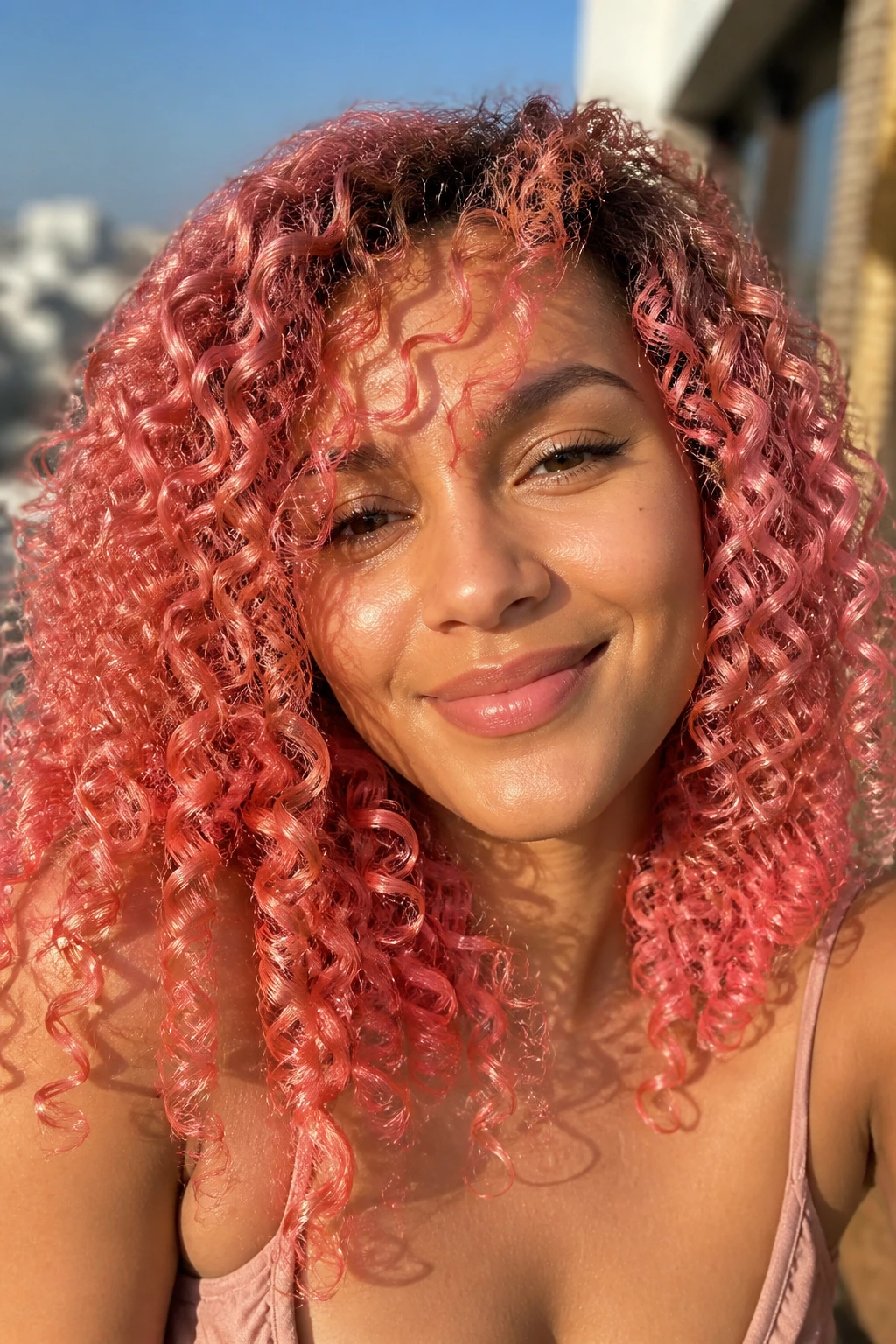 Close-up of a real woman with coral-rose spirals in bright daylight