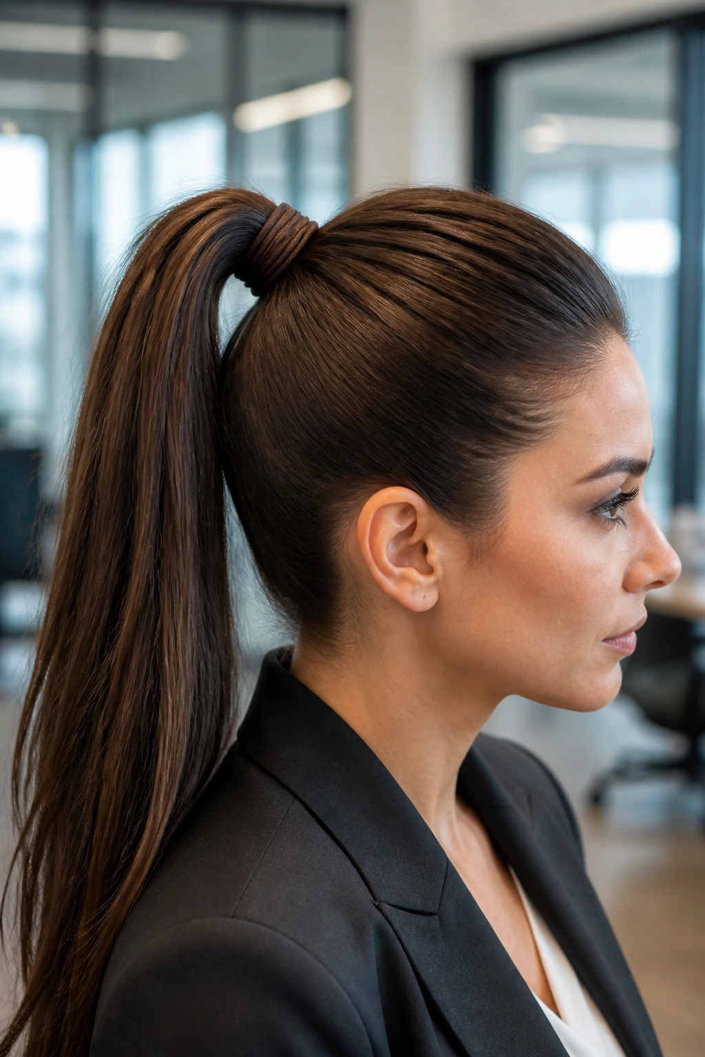 Portrait of a person with high ponytail wrapped with leather cord in an office
