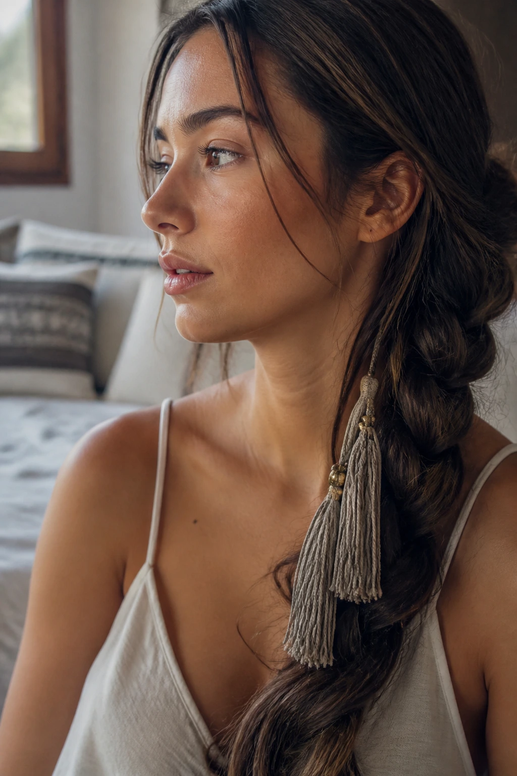 Close-up of a side-swept braid with corded tassels and metal beads on a real person