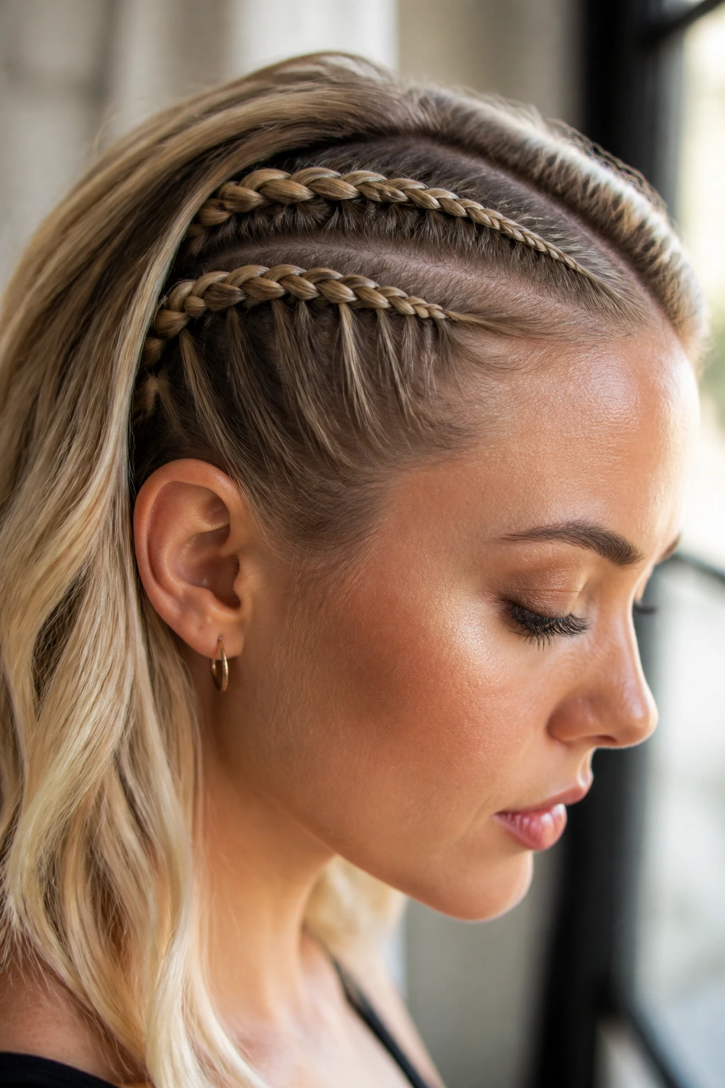 Profile view of a blonde woman with two tight cornrow-style braids along the scalp near the part.