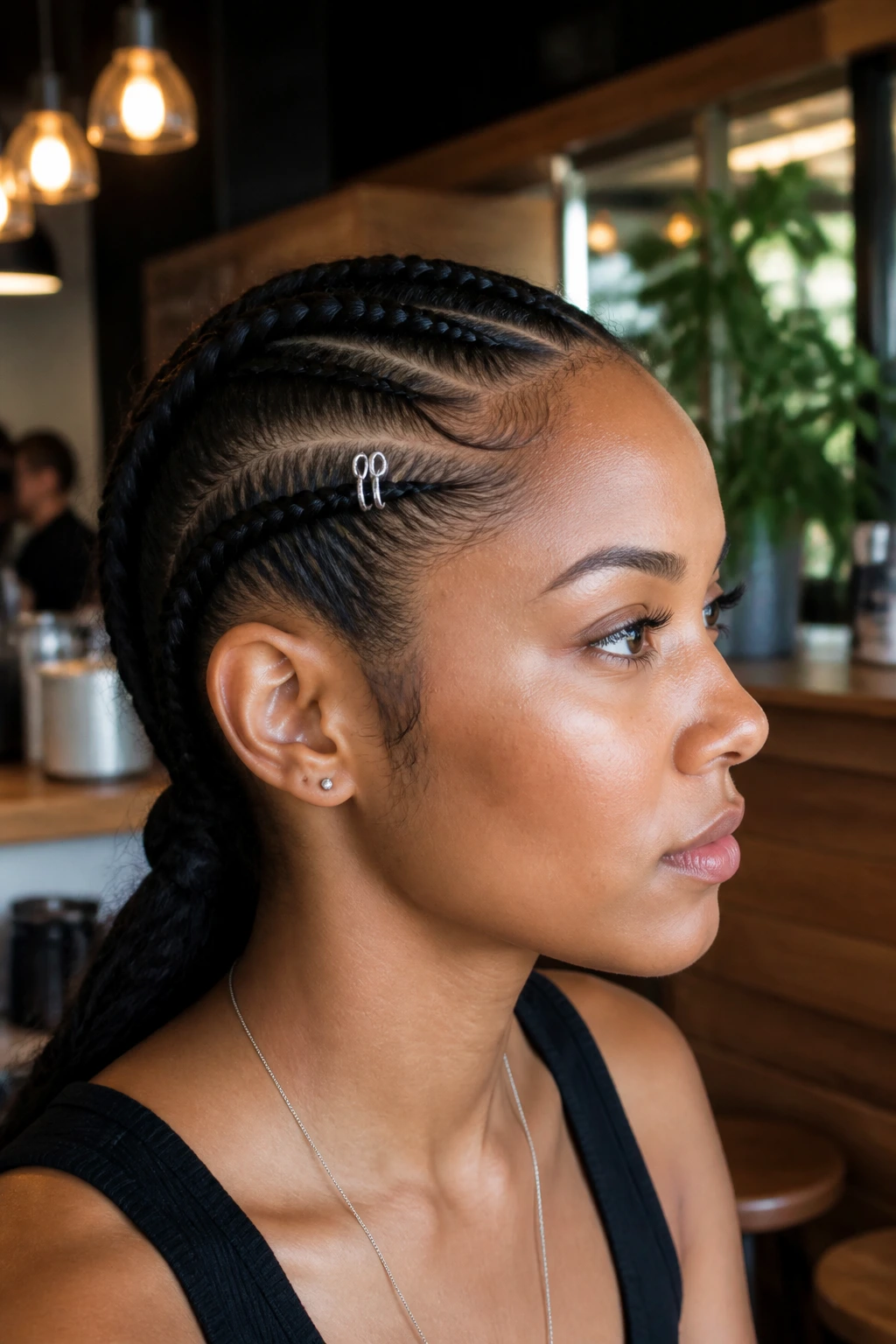 Close-up of side cornrow with subtle silver hoops on a real person
