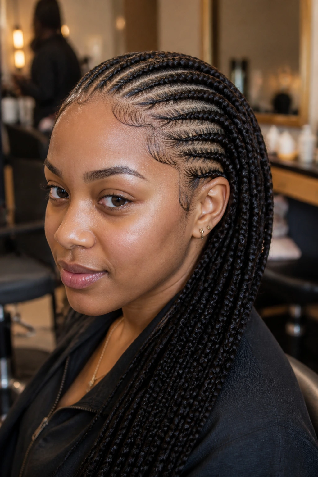 Real person with front cornrows transitioning to box braids at back