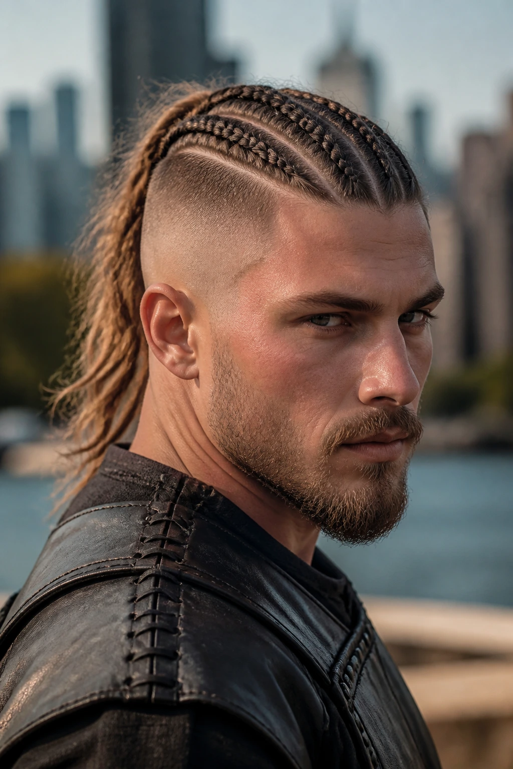 Close-up of a real person with multiple braids and shaved sides
