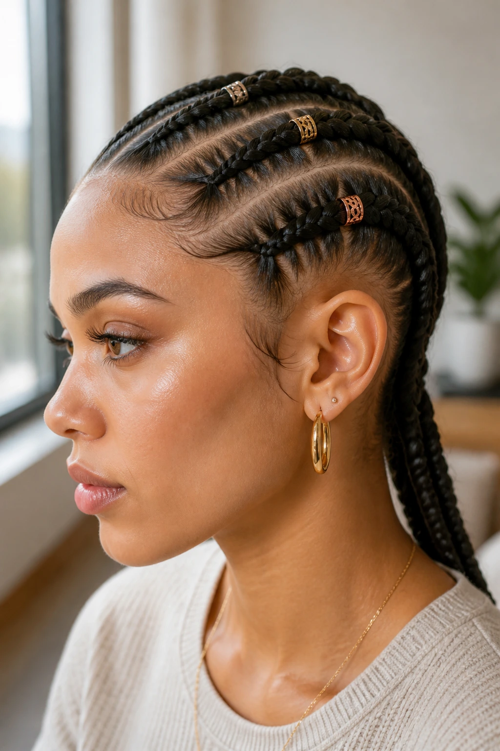 Close-up of cornrow-inspired sleek braids with varied metal cuffs.