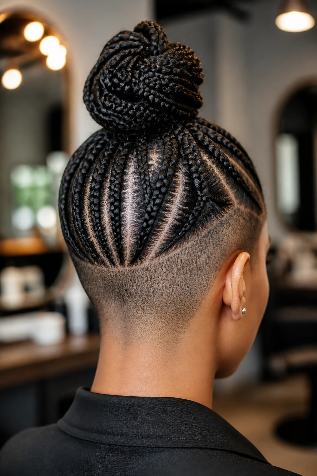 Rear view of a real woman with cornrows on shaved sides converging into a bun at the crown.