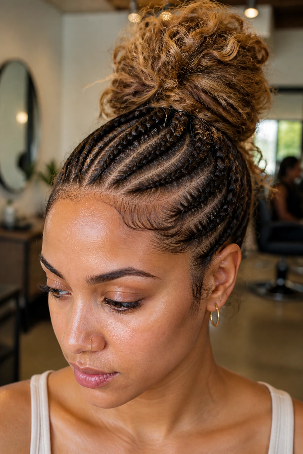 Real person with cornrows transitioning into a high bun in a salon setting
