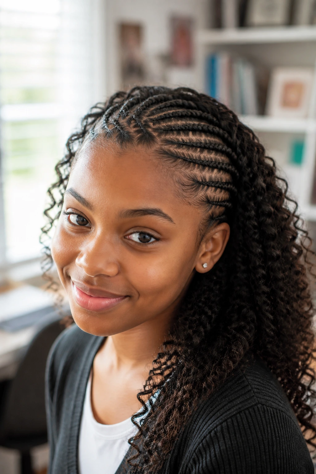Close-up of a student wearing a cornrow crown with loose curls at the back.