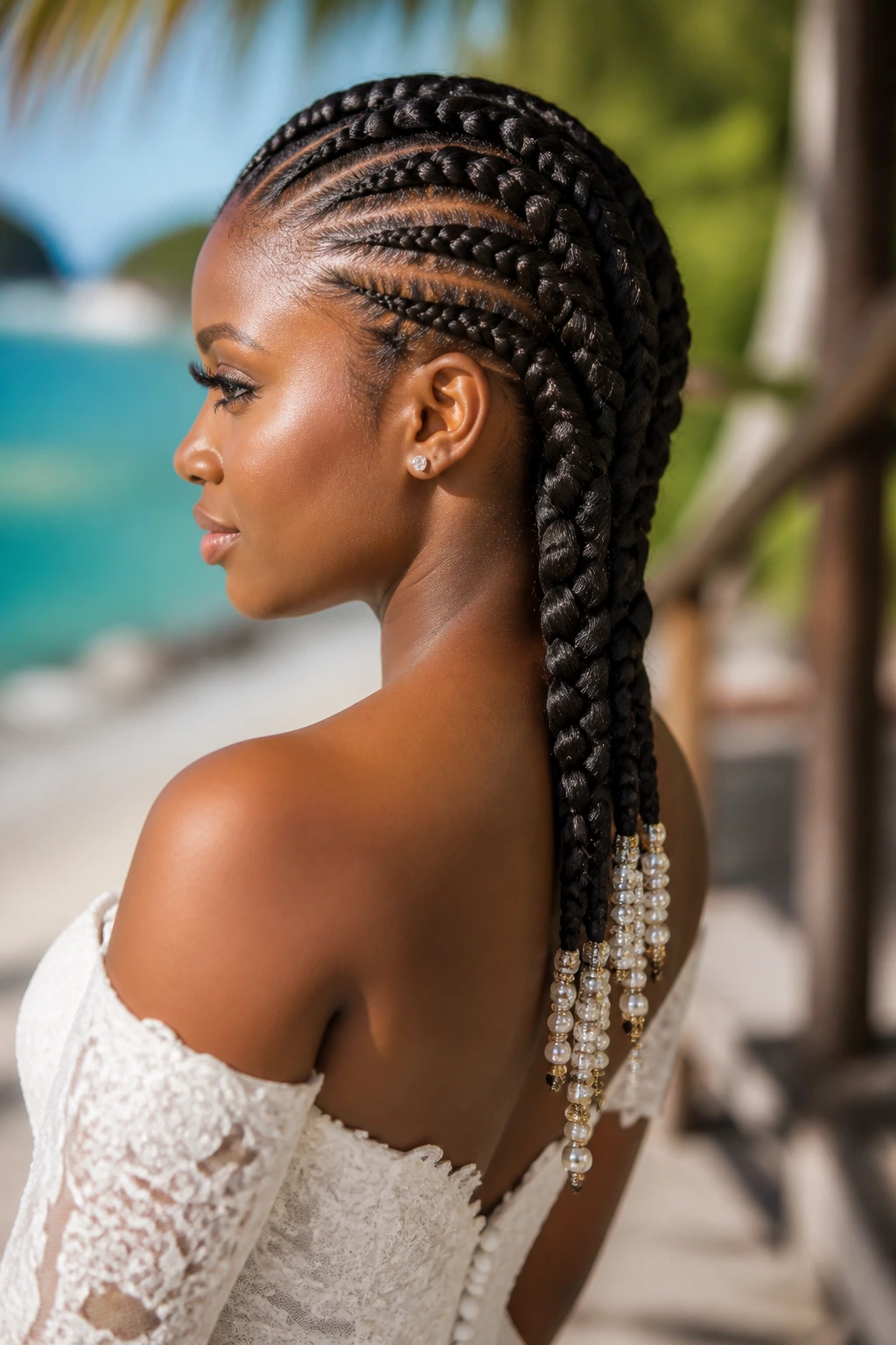 Bride with cornrow-French braid hybrid and beaded ends