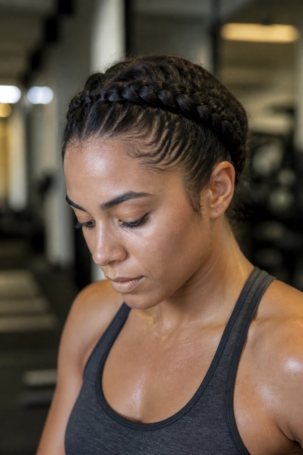 Close-up portrait of a real person with a cornrow-style French braid headband
