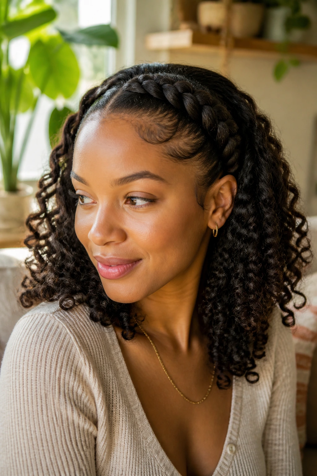 Medium close-up of a person with a cornrow headband and curls