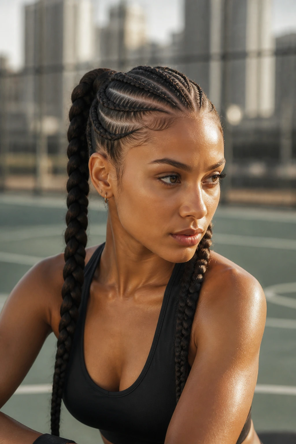 Real woman with many thin cornrow-inspired braids converging into two large pigtails