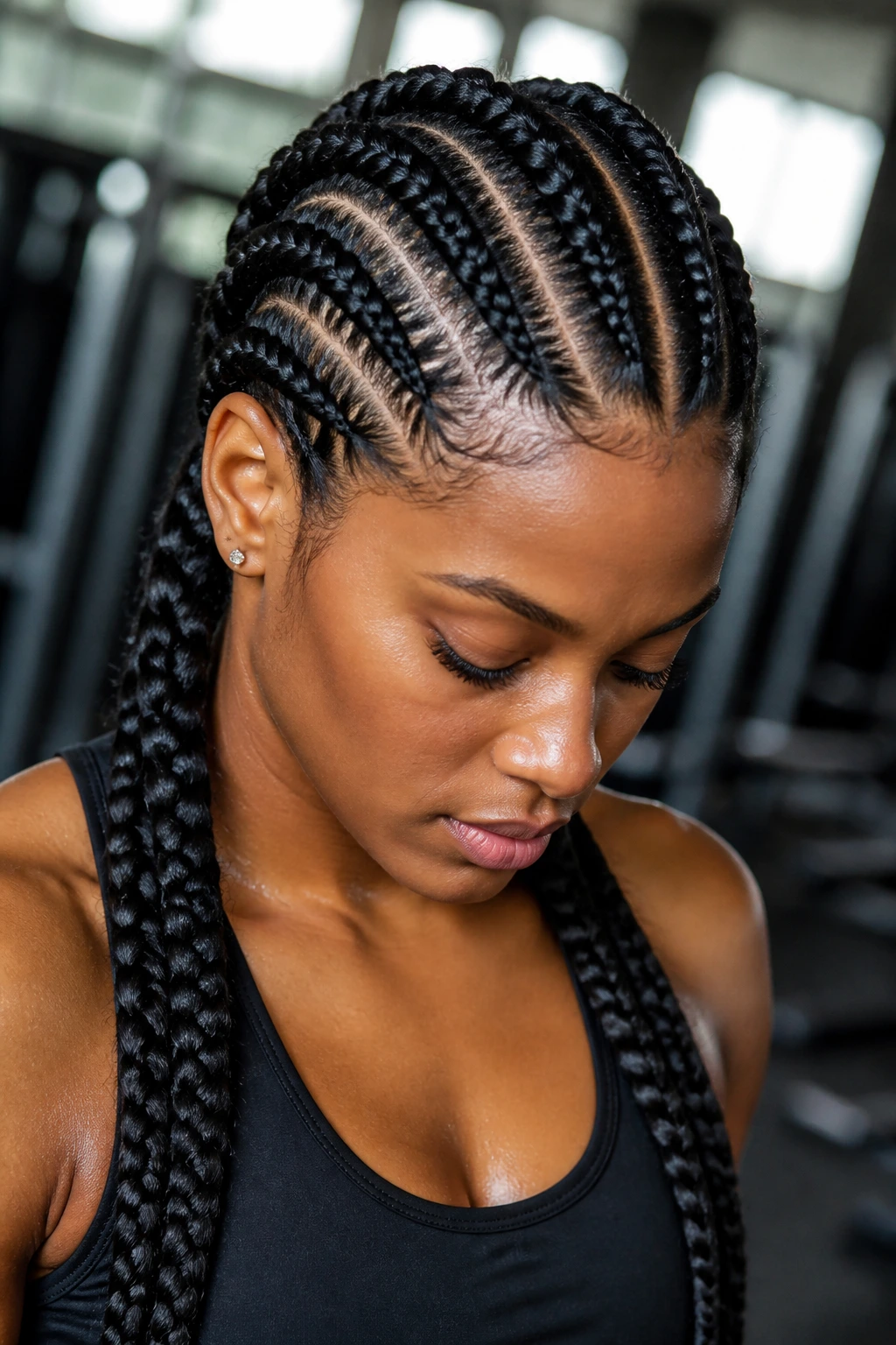 Portrait of a real person with large cornrows flat against the scalp in a gym setting