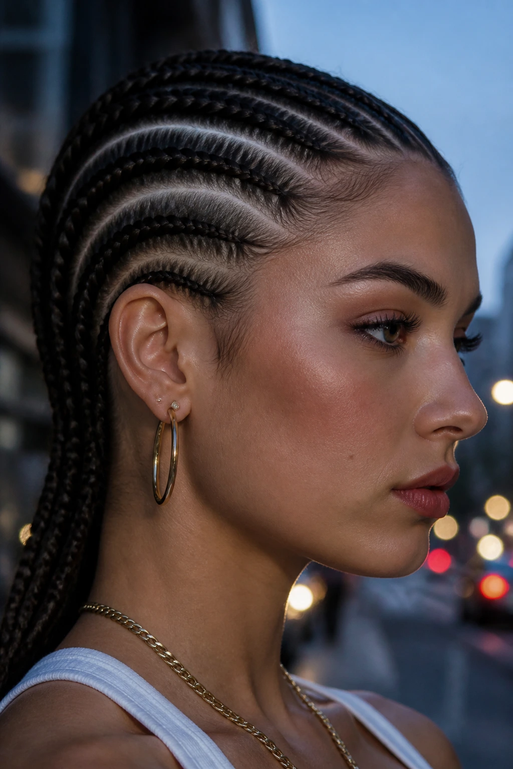 Close-up of a real person with tight cornrow-inspired side sweeps along the hairline.