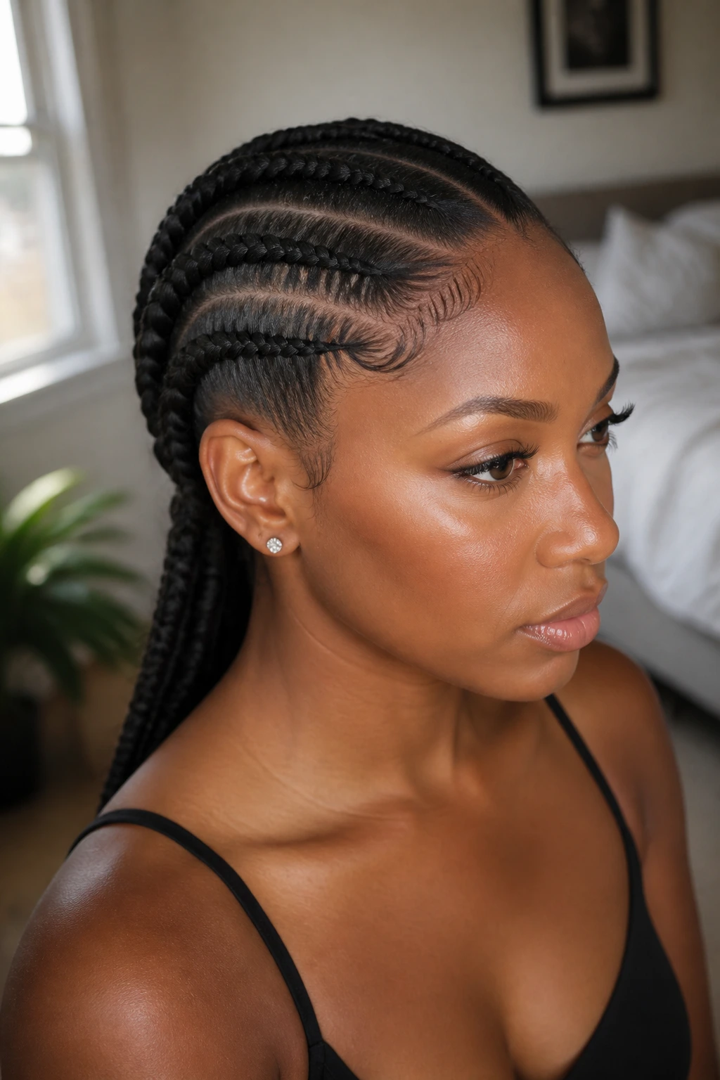 Close-up of a real woman with a classic invisible cornrow along the scalp.