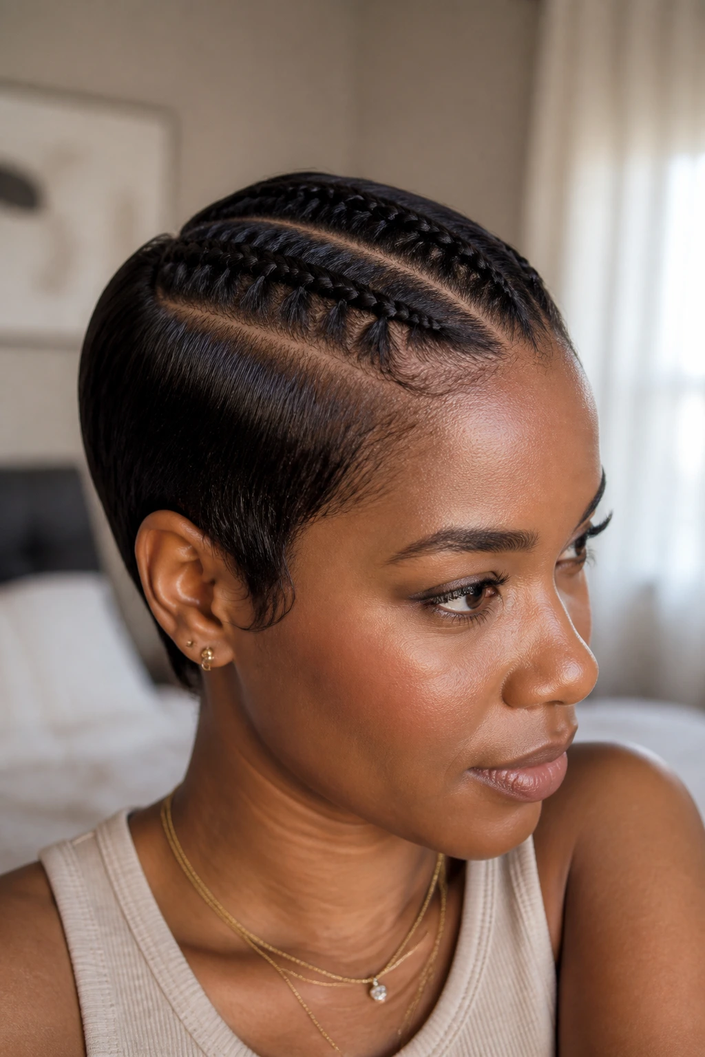 Close-up of a real woman with a sleek cornrow-inspired part on short hair.