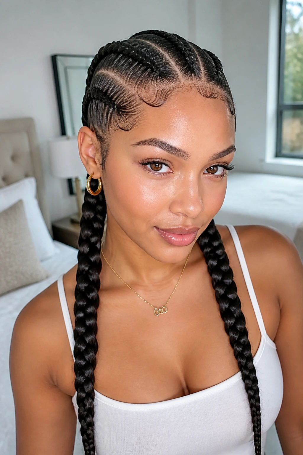 Real woman with cornrow base and two braided pigtails
