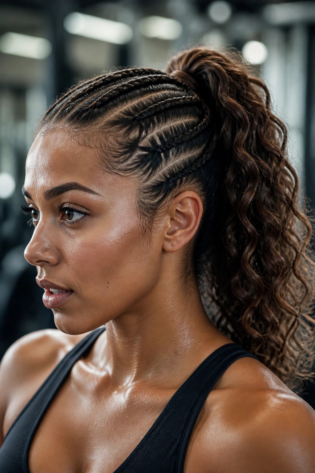 Real woman with cornrow-ponytail hybrid hairstyle in gym