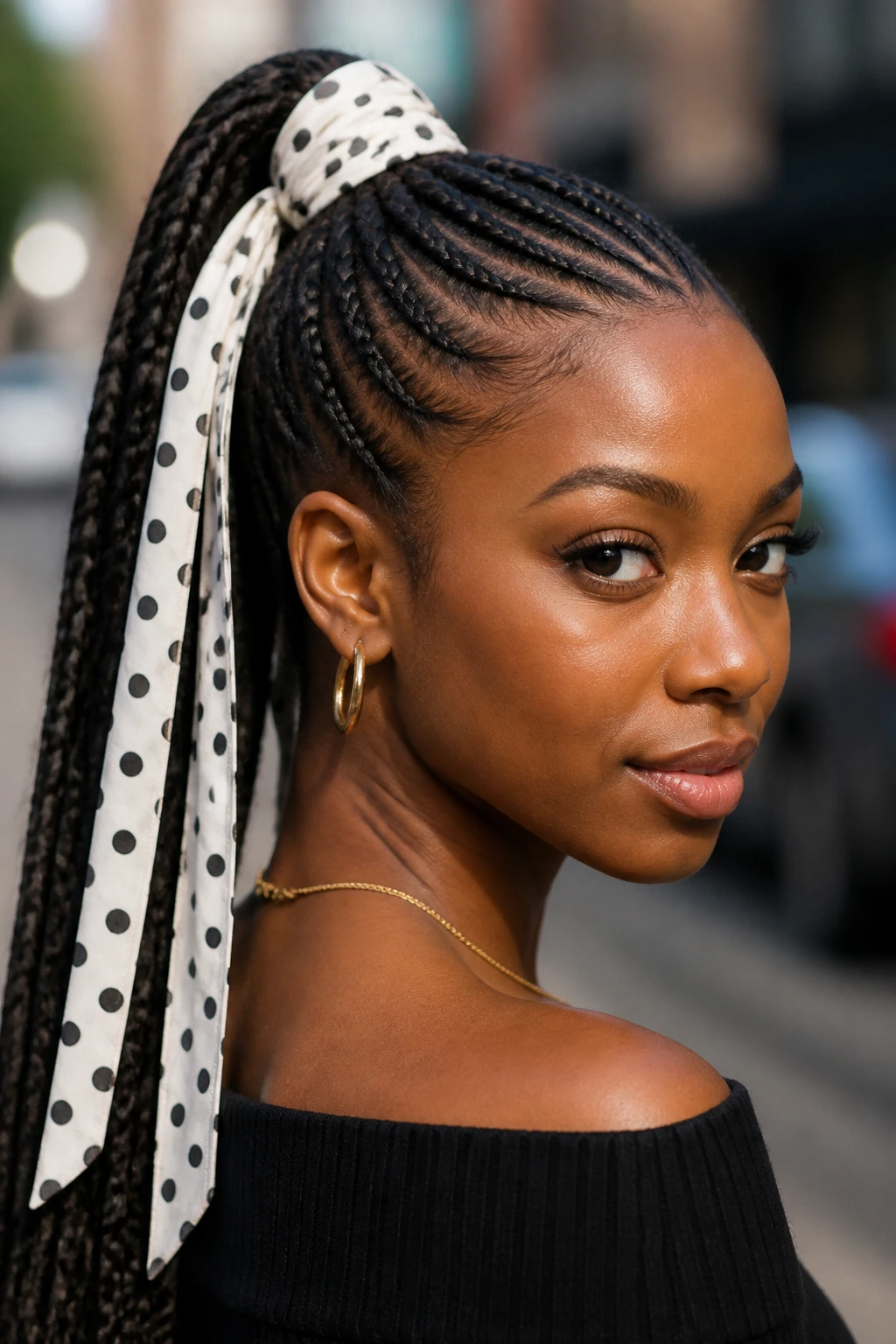 Close-up of a real person with cornrow ponytail and polka-dot ribbon.