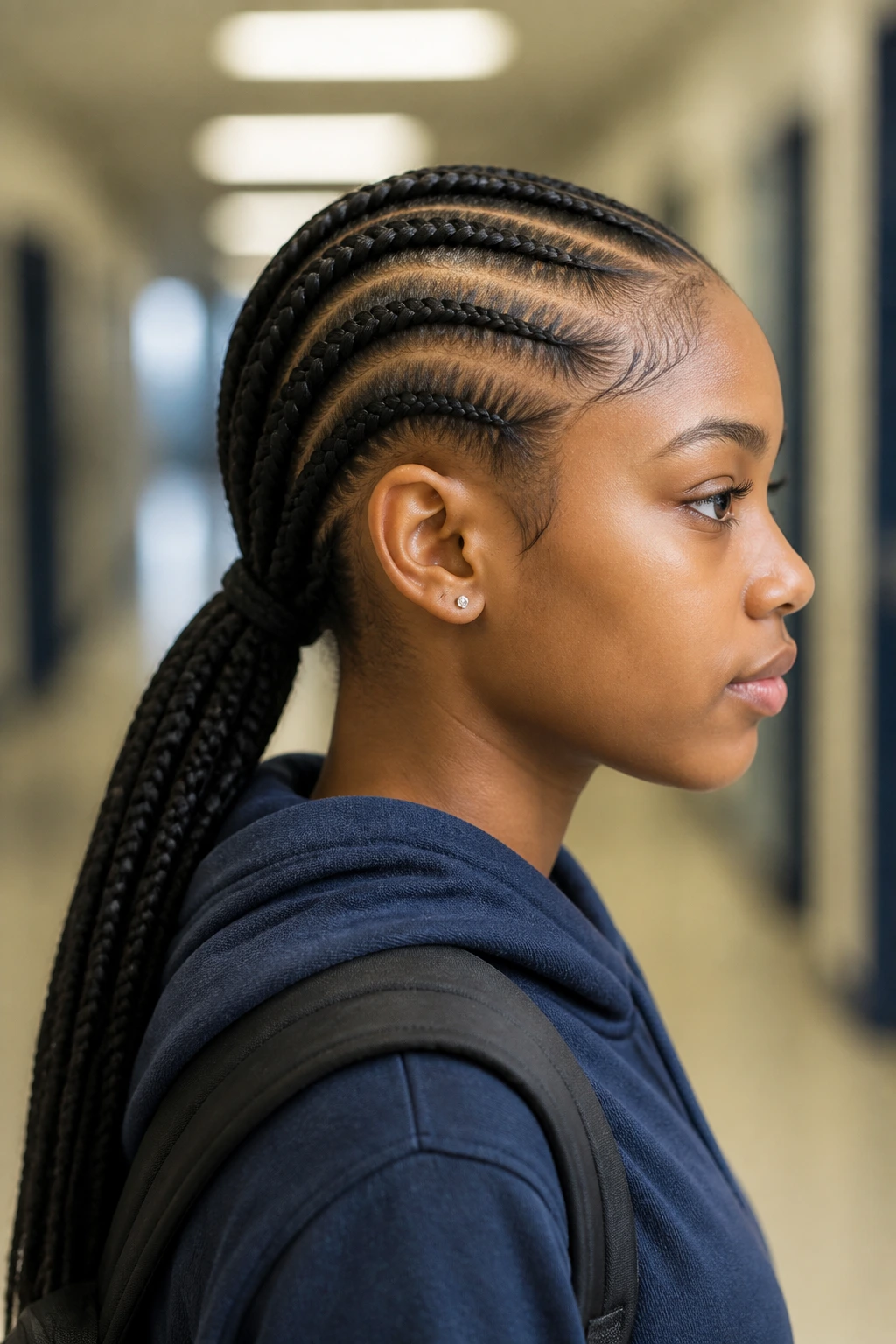 Profile portrait of a real person with cornrow ponytail in a school hallway.