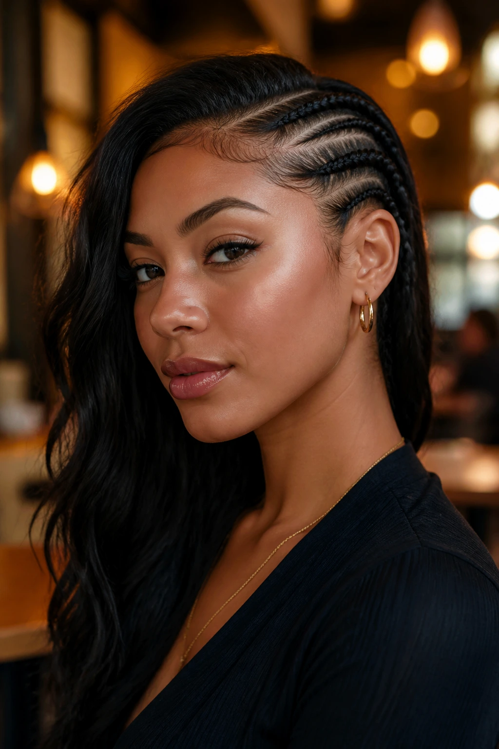 Close-up of a person with tight cornrows starting at a dramatic side part