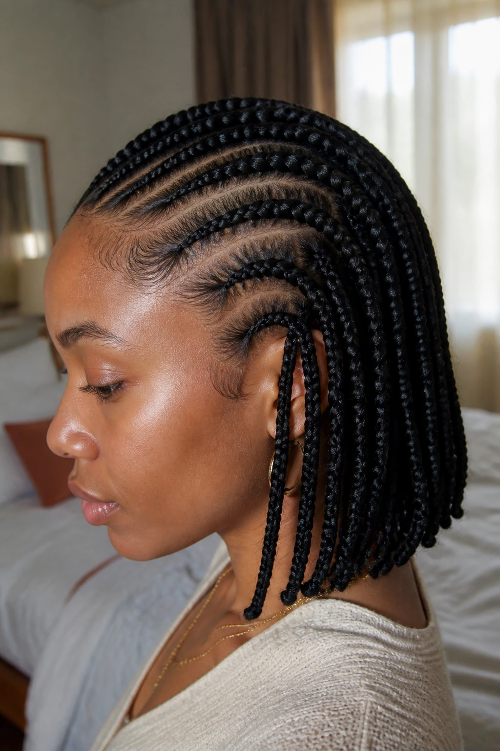 Head showing cornrows transitioning to bob-length braids on a real person