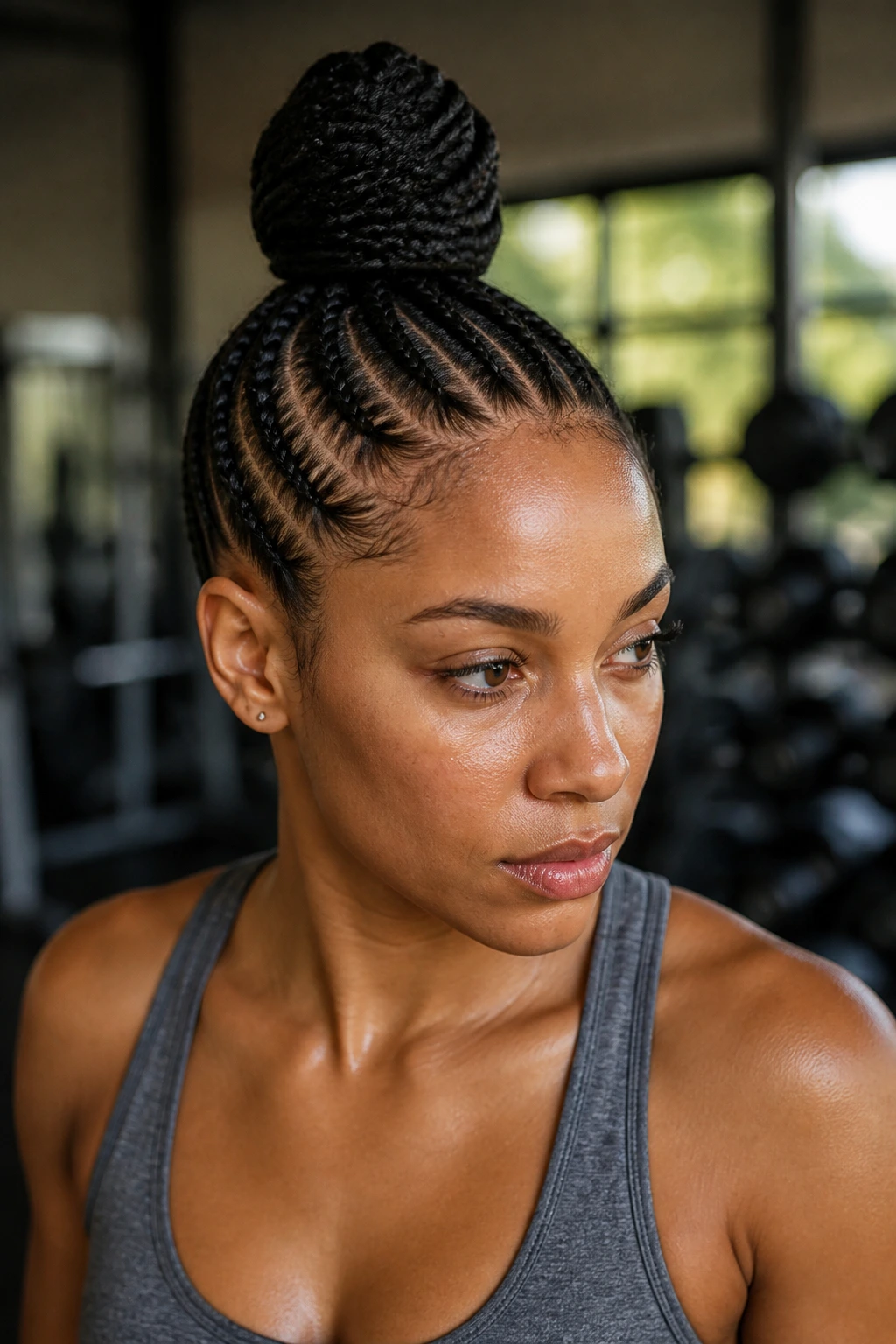 Real person with cornrows leading into a high-top knot.