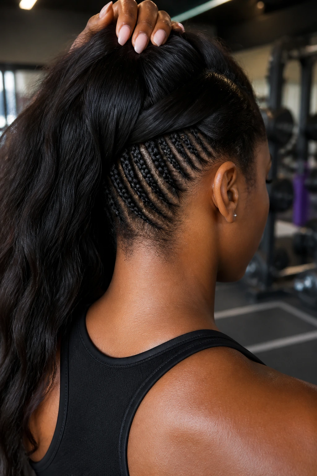 Rear view of a real woman's cornrowed under-layer hairstyle during workout