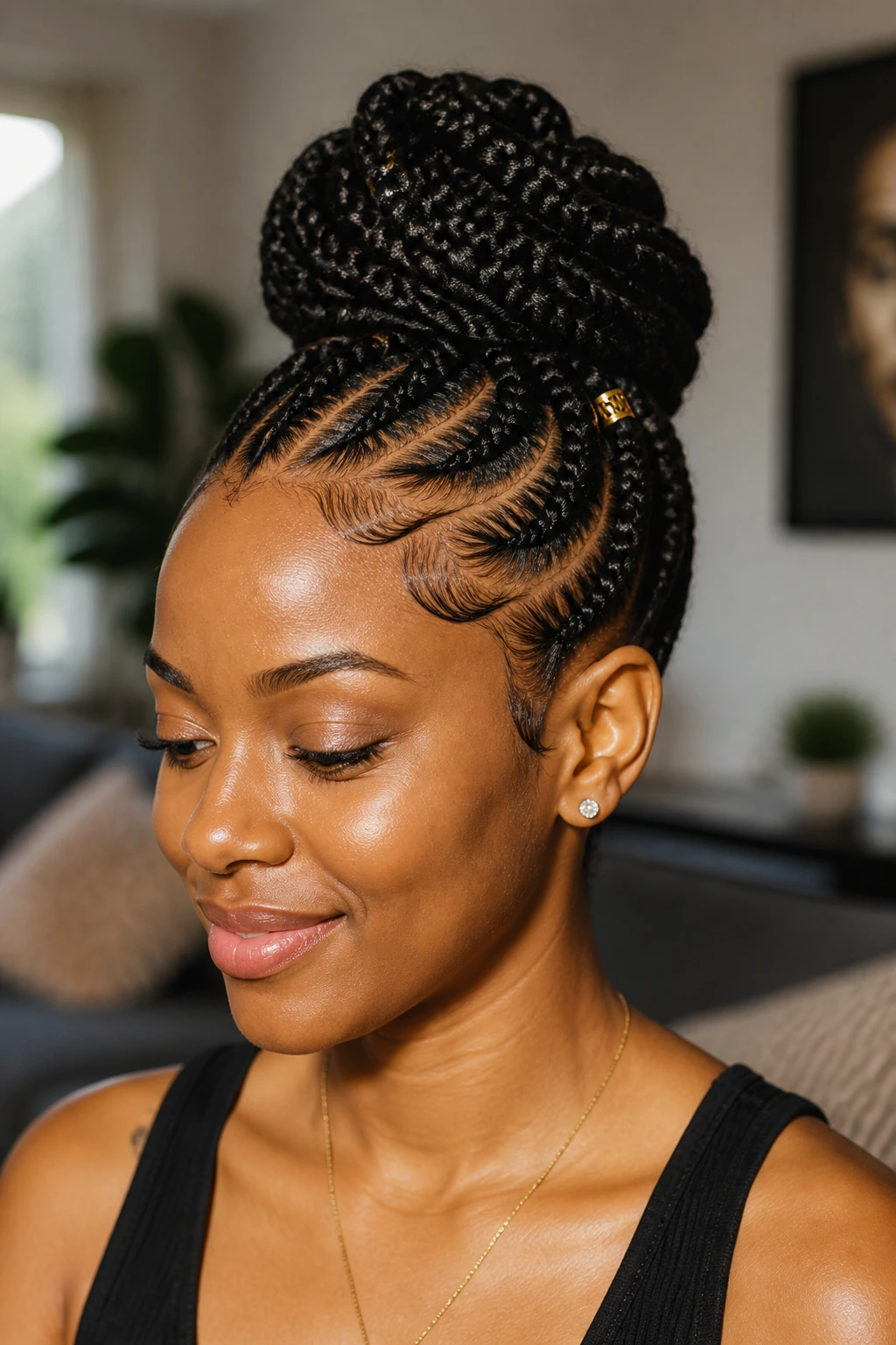 Close-up portrait of a real woman with natural cornrowed updo.