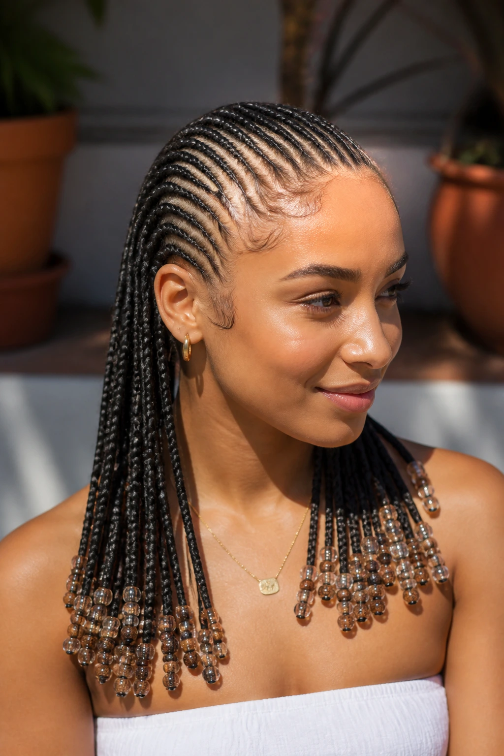 Close-up of a real woman with thin beaded cornrows