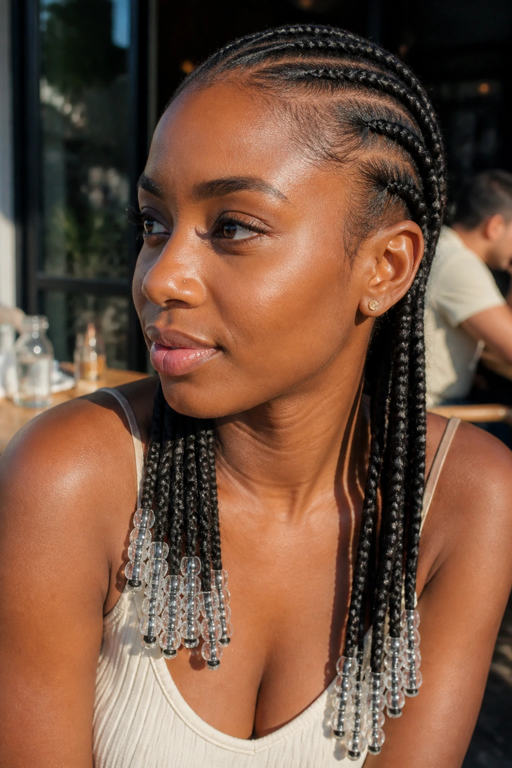 Close-up of cornrows ending in beads in a casual outdoor setting