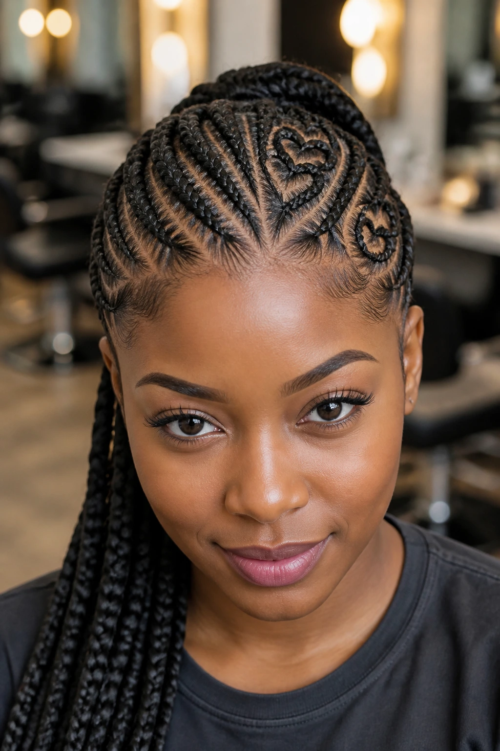 Close-up portrait of a real woman with cornrows featuring heart and spiral scalp designs