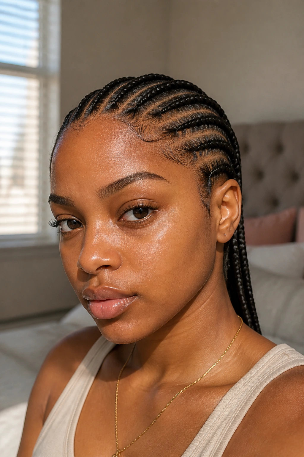 Close-up of a real person wearing traditional three-strand cornrows; scalp detail.