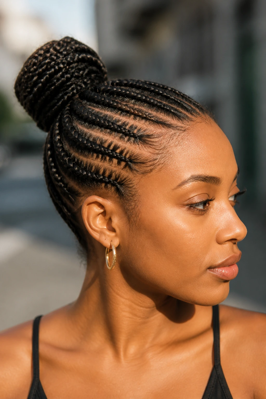 Close-up of cornrows transitioning into a bun on a real person