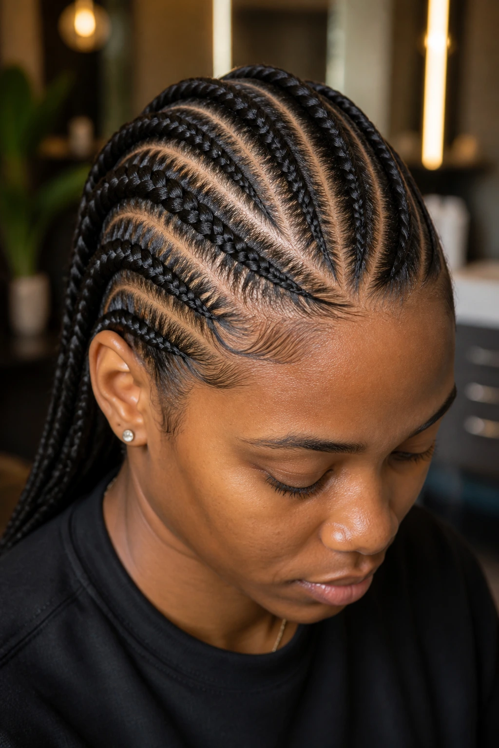 Close-up portrait of a real woman with chevron cornrows across the scalp