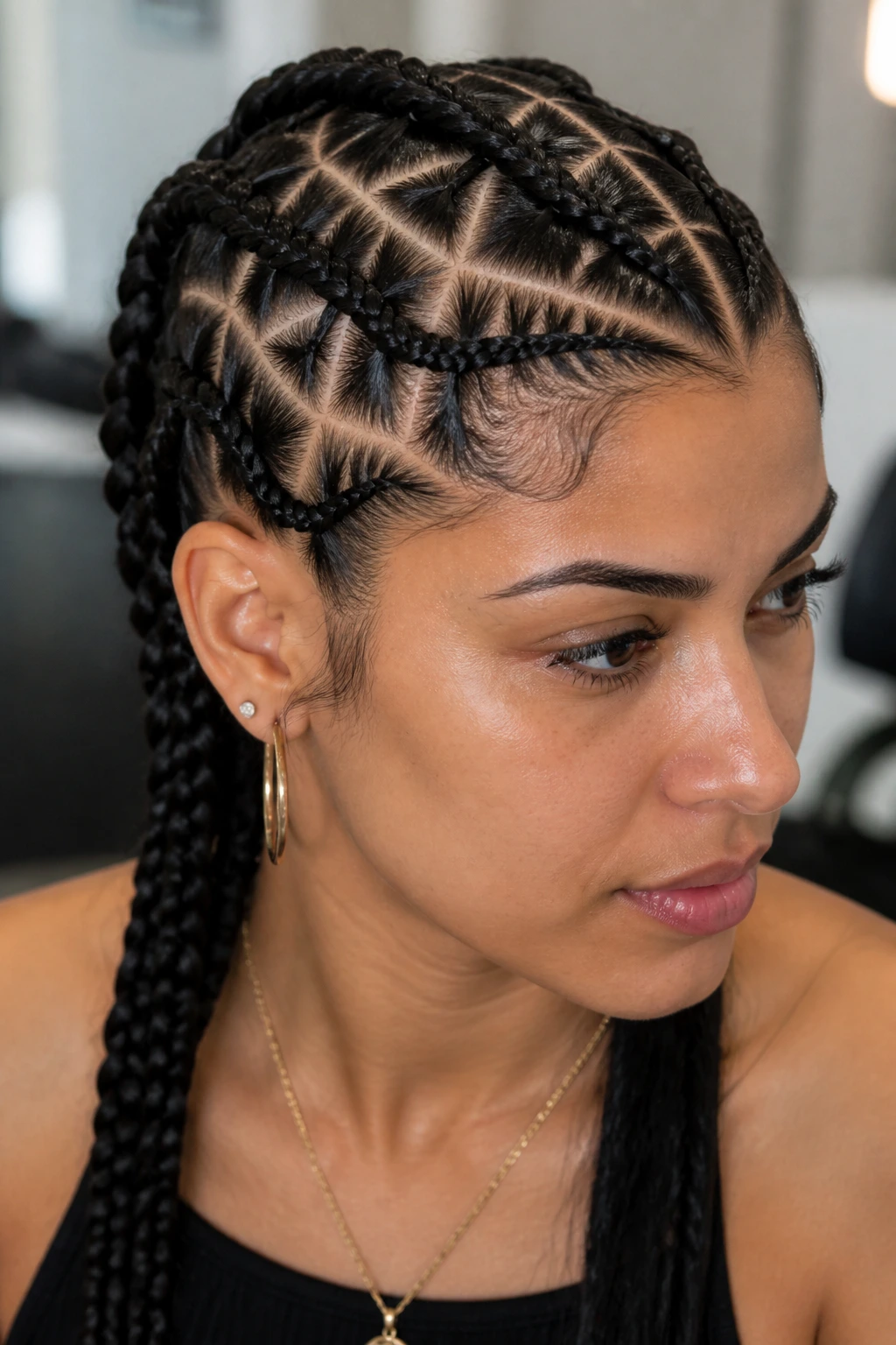 Close-up of a real Latina woman with criss-cross cornrows styled along the scalp