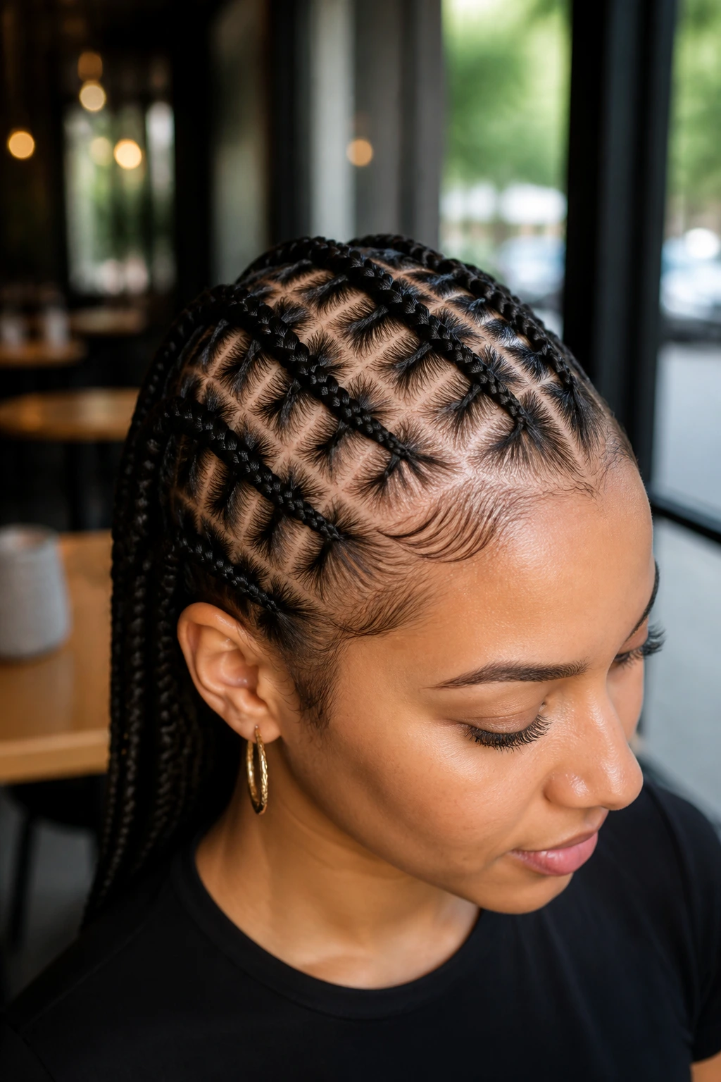 Close-up of criss-cross cornrows on a real person in a cafe daylight