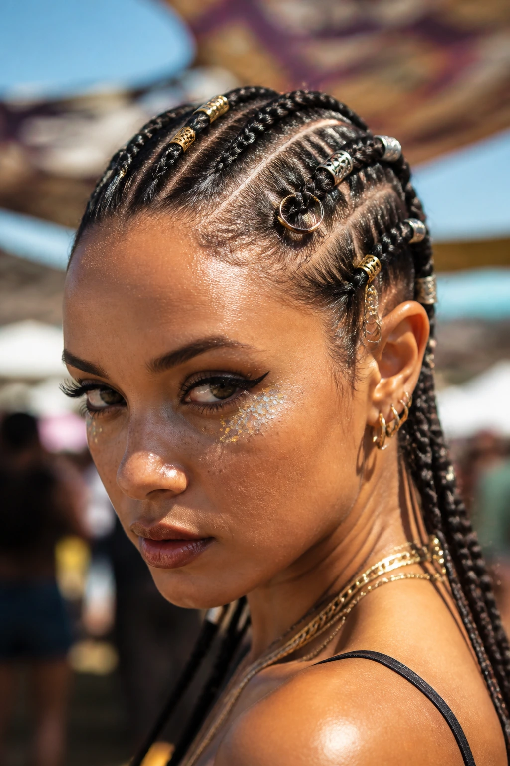 Tight cornrows with cuffs and rings on real person