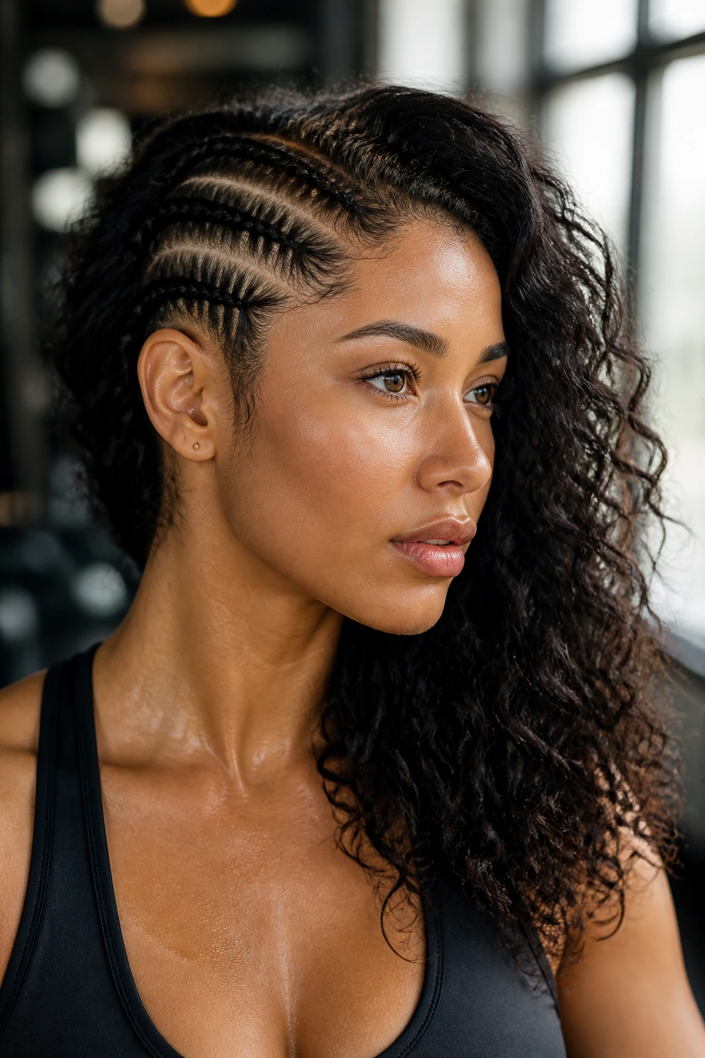 Close-up side profile with side-swept cornrows and curls