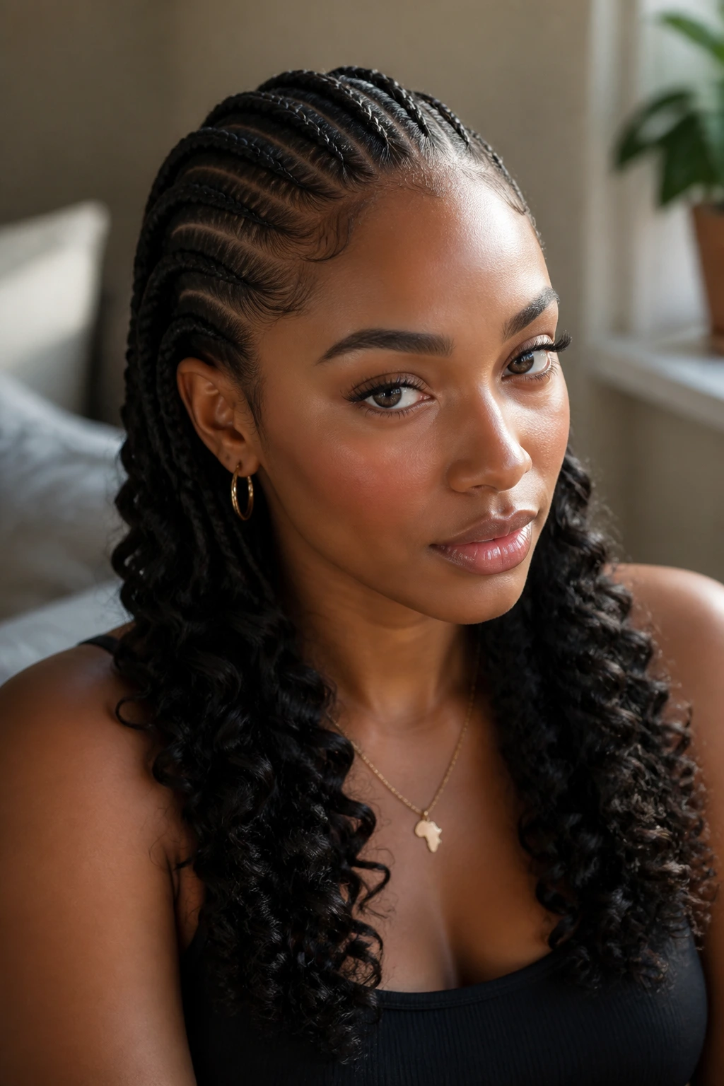 Close-up of a real woman with cornrows transitioning to curly ends