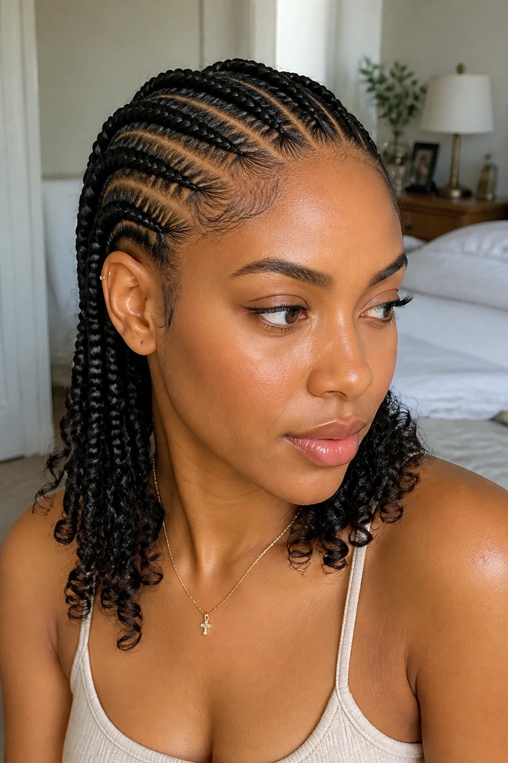 Cornrows with curly ends on real person