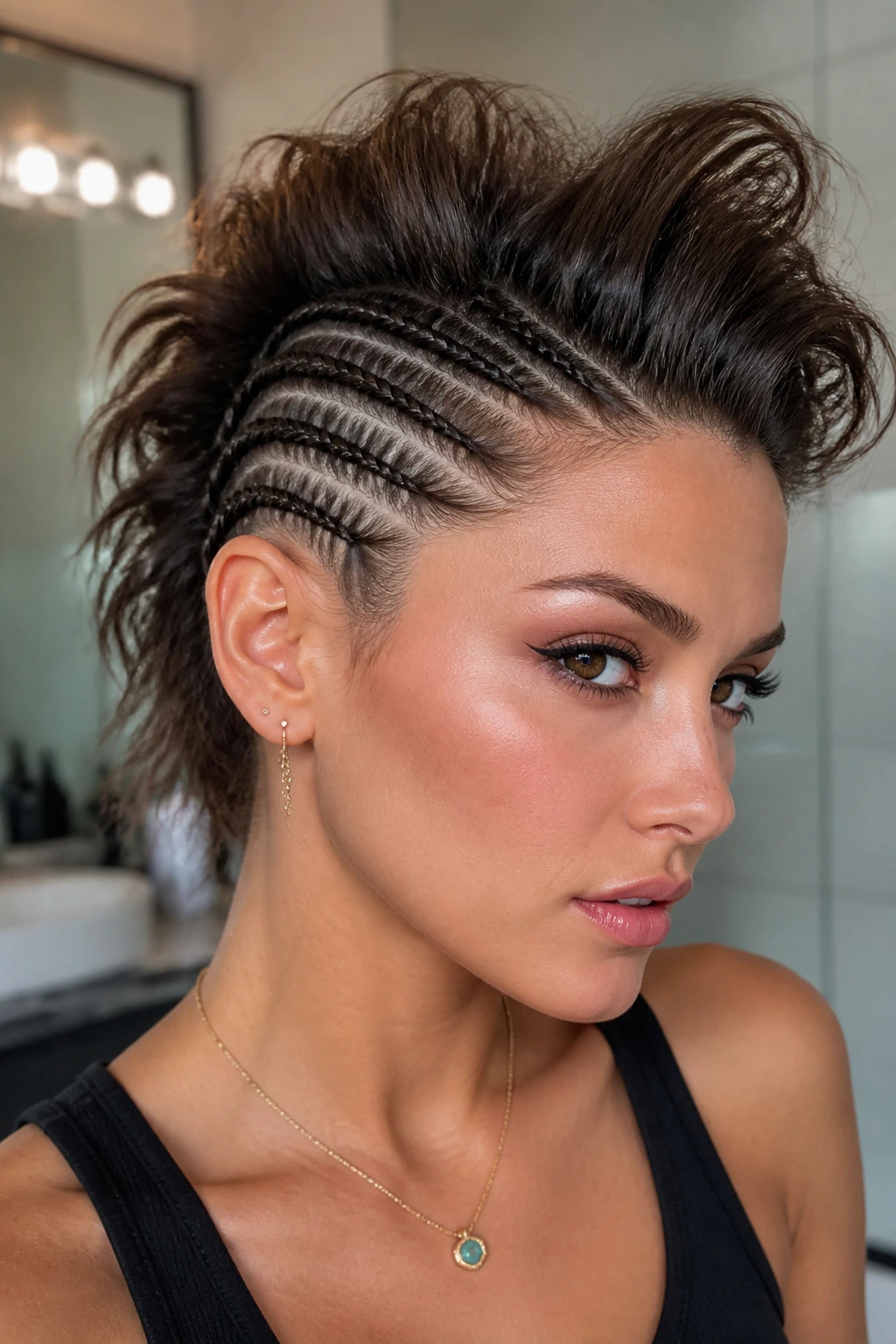 Close-up of real person with cornrows and high faux hawk