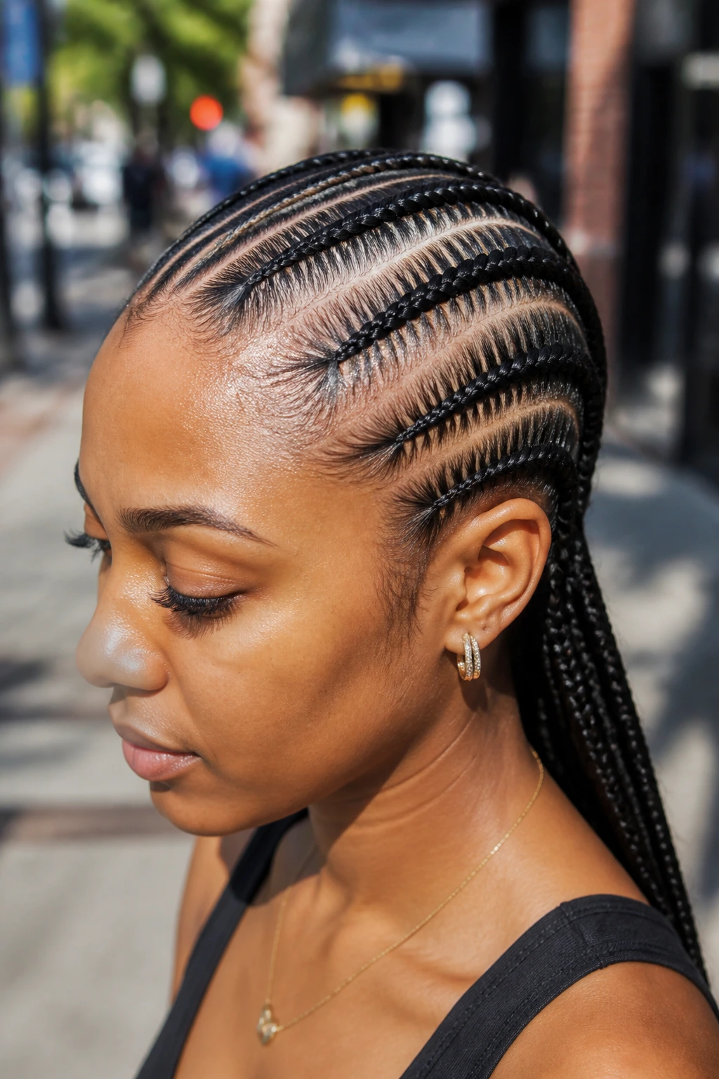 Close-up of a real person with Feed-In Cornrows in outdoor lighting.