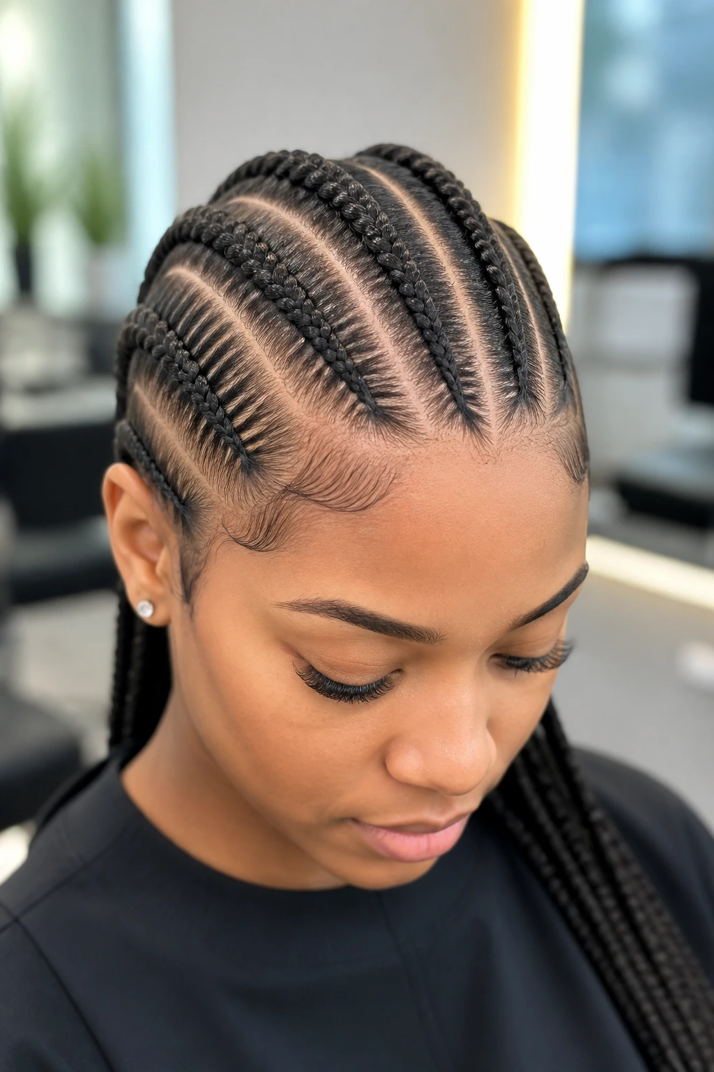 Close-up of a real woman wearing center-part feed-in cornrows in a bright salon