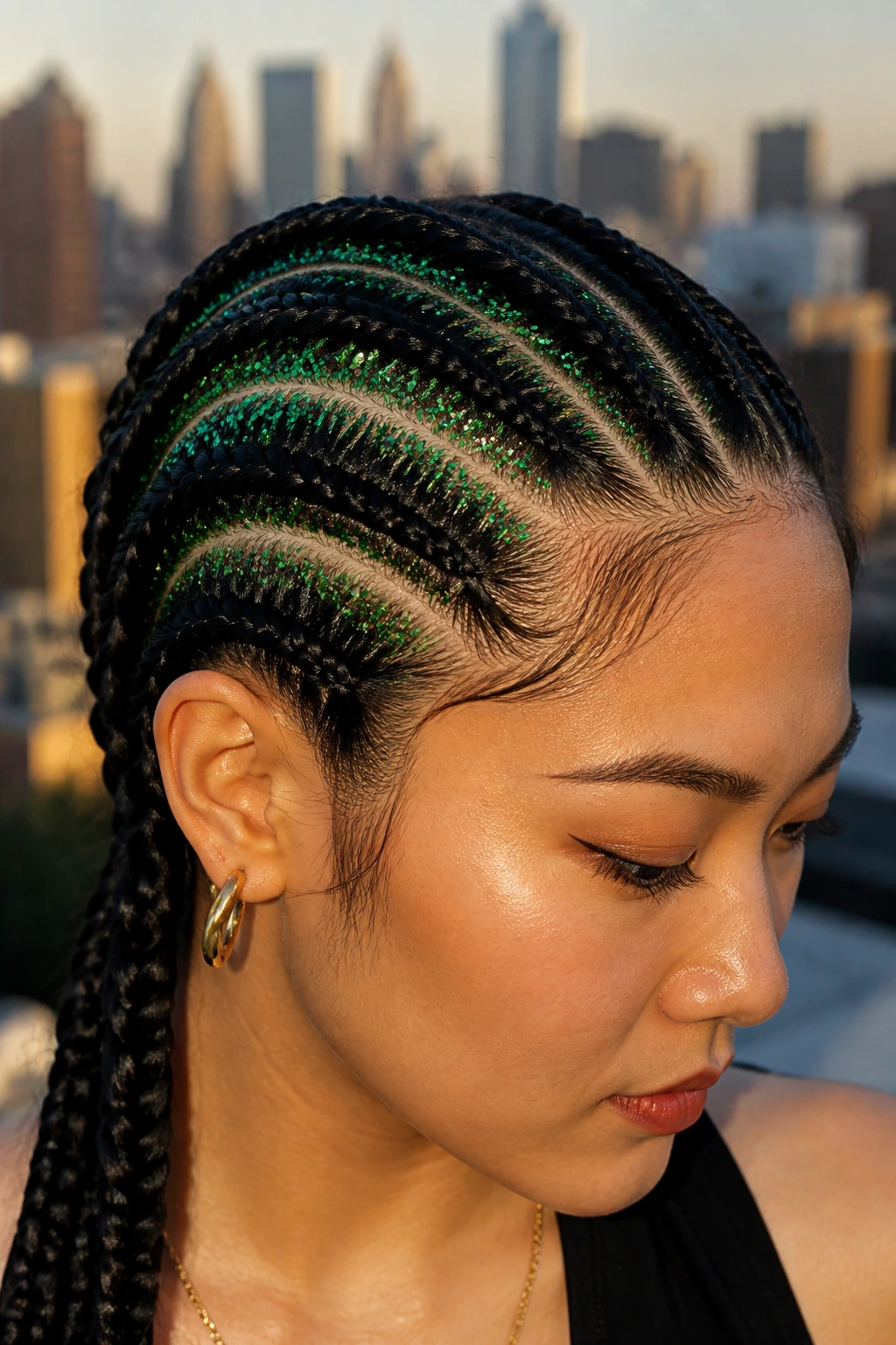 Close-up of a woman with cornrows and emerald green chunky glitter in the parting lines.