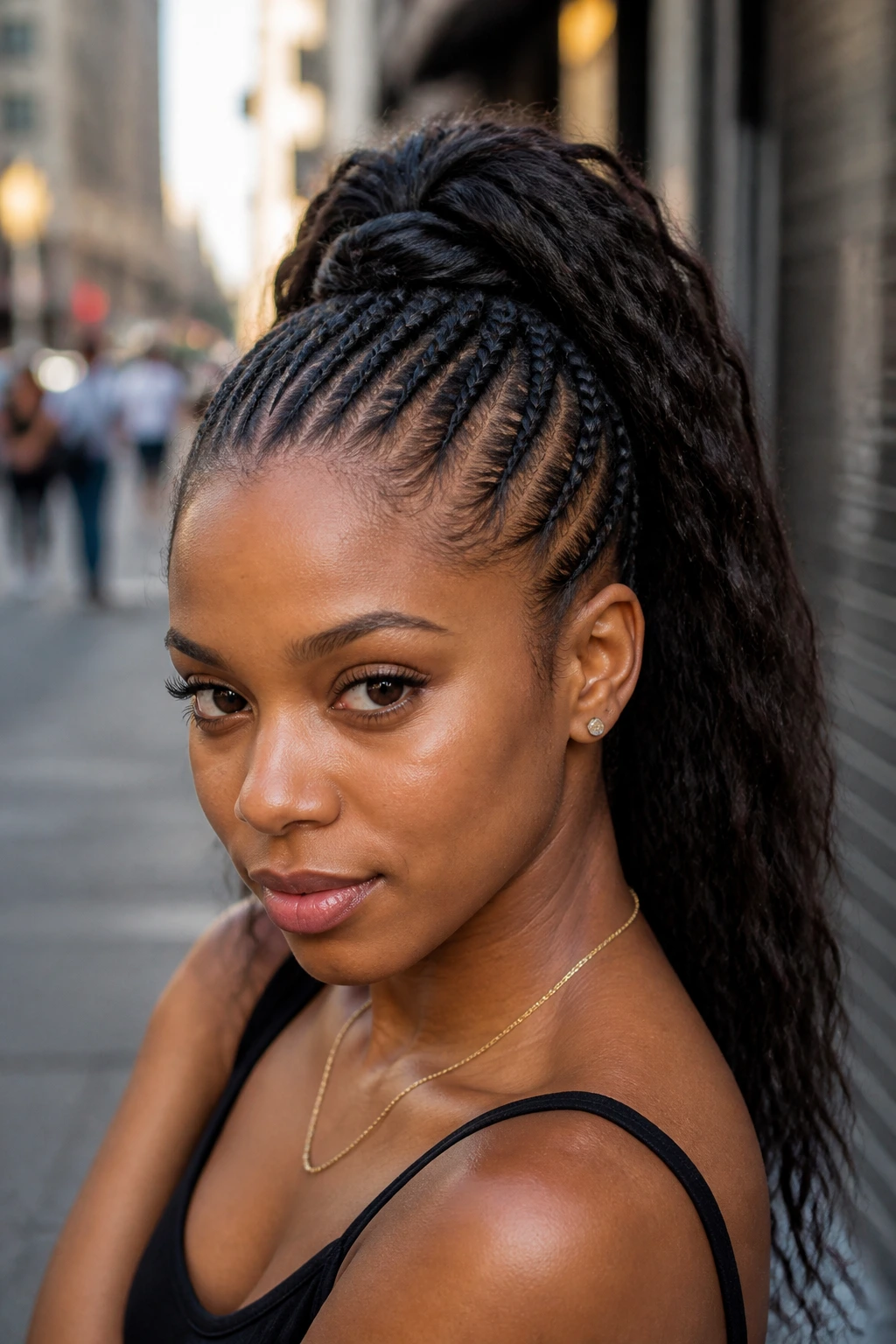 Close-up of a real woman with cornrows leading to a high ponytail on a city street