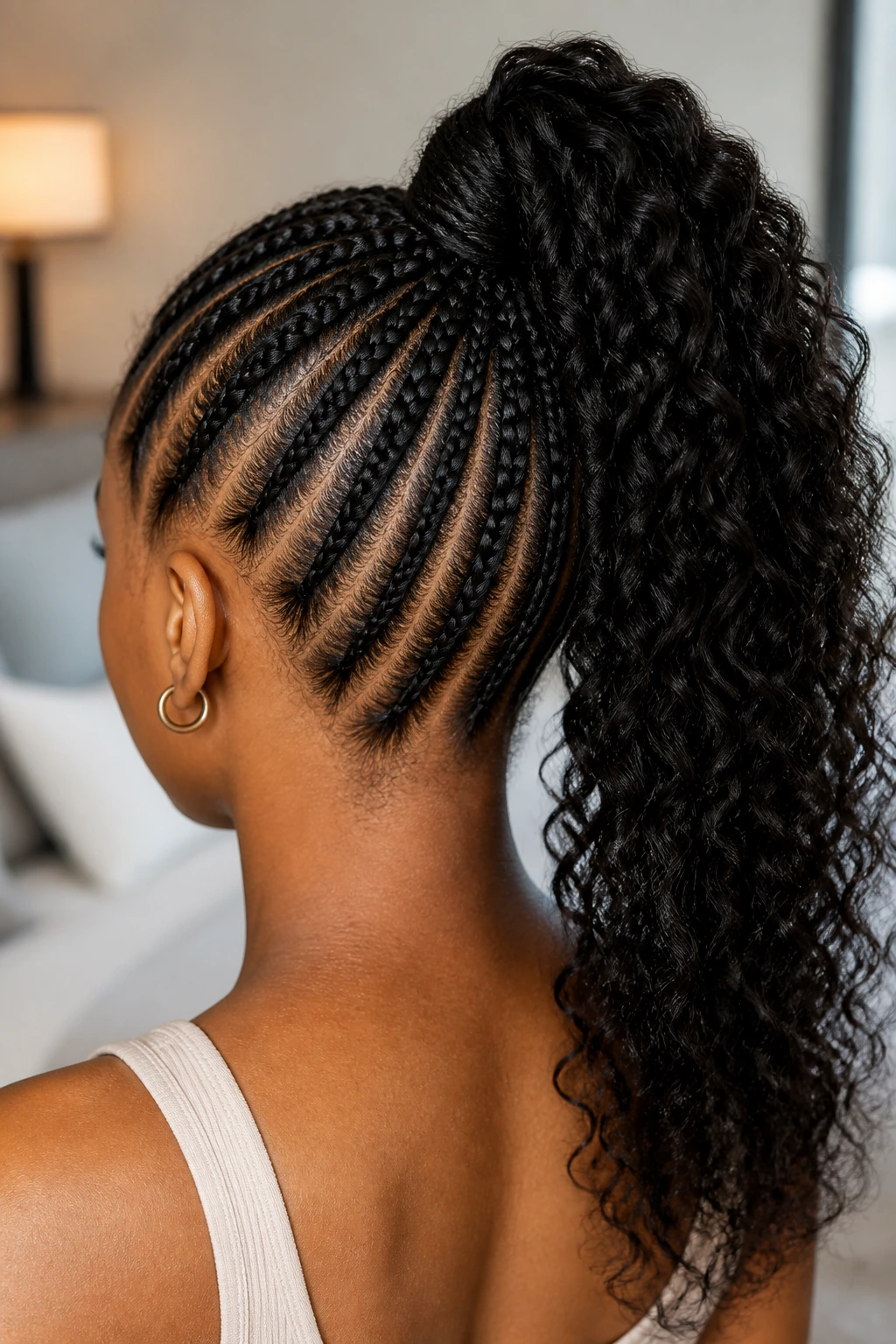 Back view of a real person with cornrows leading to a high ponytail