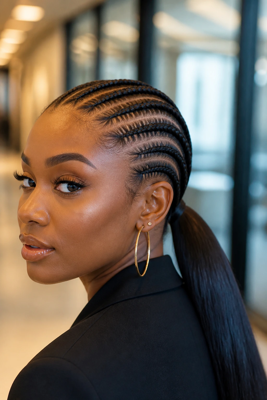 Close-up of a real woman with cornrows and a sleek low ponytail in an office setting
