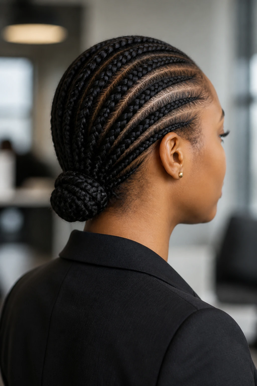 Close-up of cornrows forming a low bun at the nape on a real person in an office setting