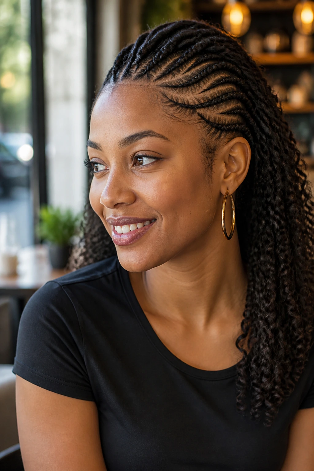 Real woman with cornrows and hoop earrings in a simple top, in bright natural light